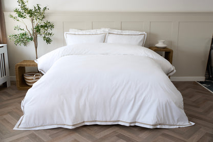 100% Cotton Oxford Style Duvet Cover in White with Taupe Trim