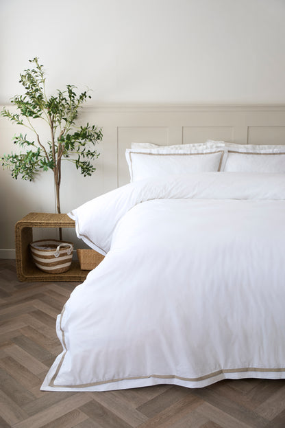 100% Cotton Oxford Style Duvet Cover in White with Taupe Trim