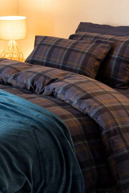 100% Brushed Cotton Check Duvet Set Navy