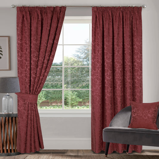 Damask Floral Design Leaf Design Curtains in Wine
