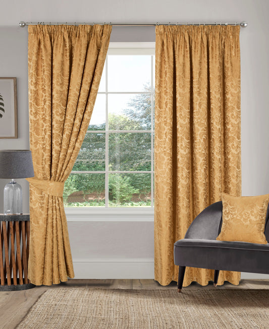 Damask Floral Design Leaf Design Curtains in Gold