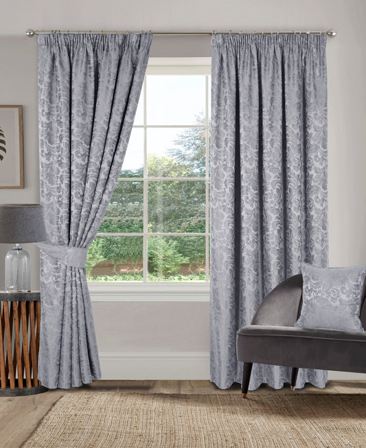 Damask Floral Design Leaf Design Curtains in Grey