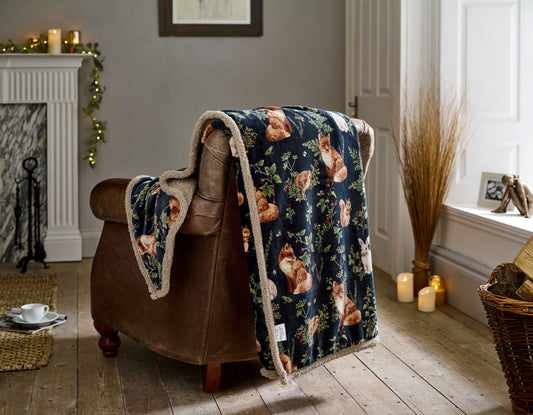 Supersoft Sherpa Reverse Woodland Wildlife Fox Throw in Navy Blue