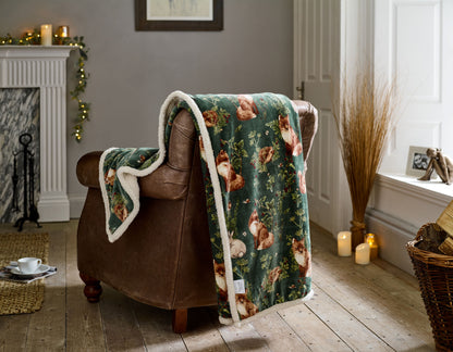 Supersoft Sherpa Reverse Woodland Wildlife Fox Throw in Sage Green