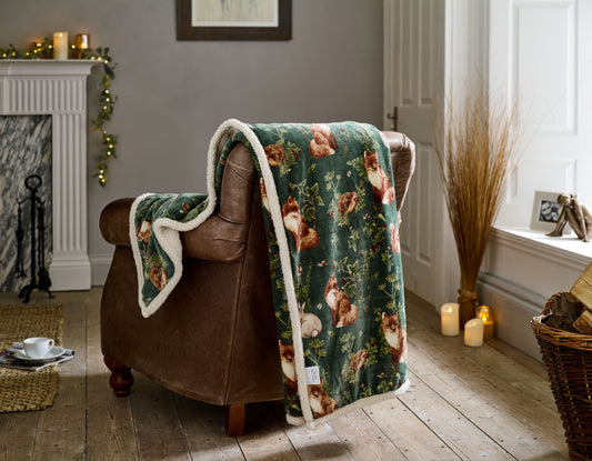 Supersoft Sherpa Reverse Woodland Wildlife Fox Throw in Sage Green