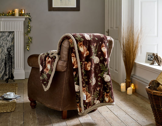 Supersoft Sherpa Reverse Woodland Wildlife Fox Throw in Wine