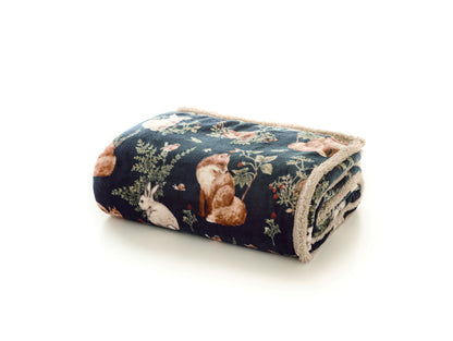 Supersoft Sherpa Reverse Woodland Wildlife Fox Throw in Navy Blue