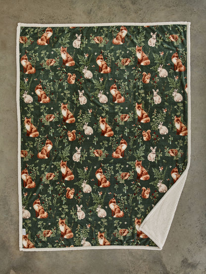 Supersoft Sherpa Reverse Woodland Wildlife Fox Throw in Sage Green
