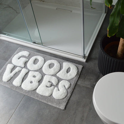 GOOD VIBES Bath Mat in Grey & White