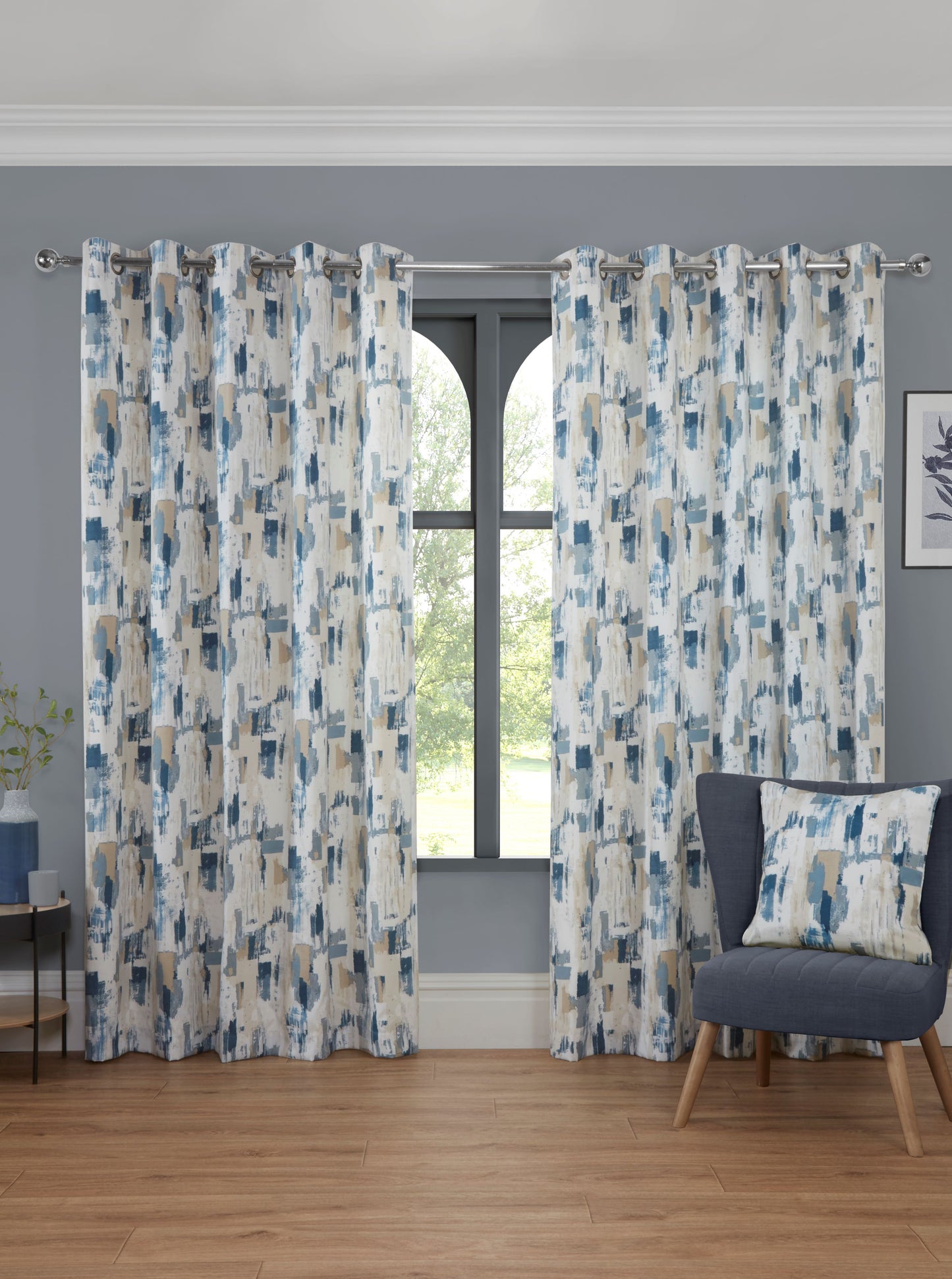 Eyelet Design Contemporary Curtains in Blue Shades