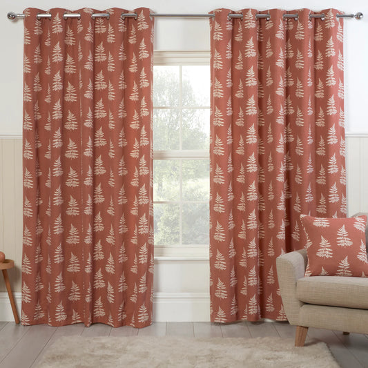 Fern Leaf Print Design Pair Curtains in Terracotta