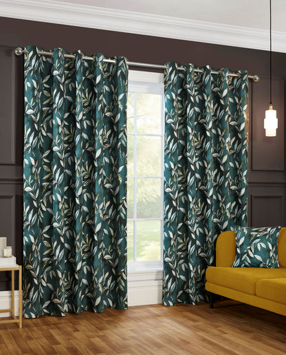 3 Pass Blackout Floral Leaf Design Curtains in Bottle Green