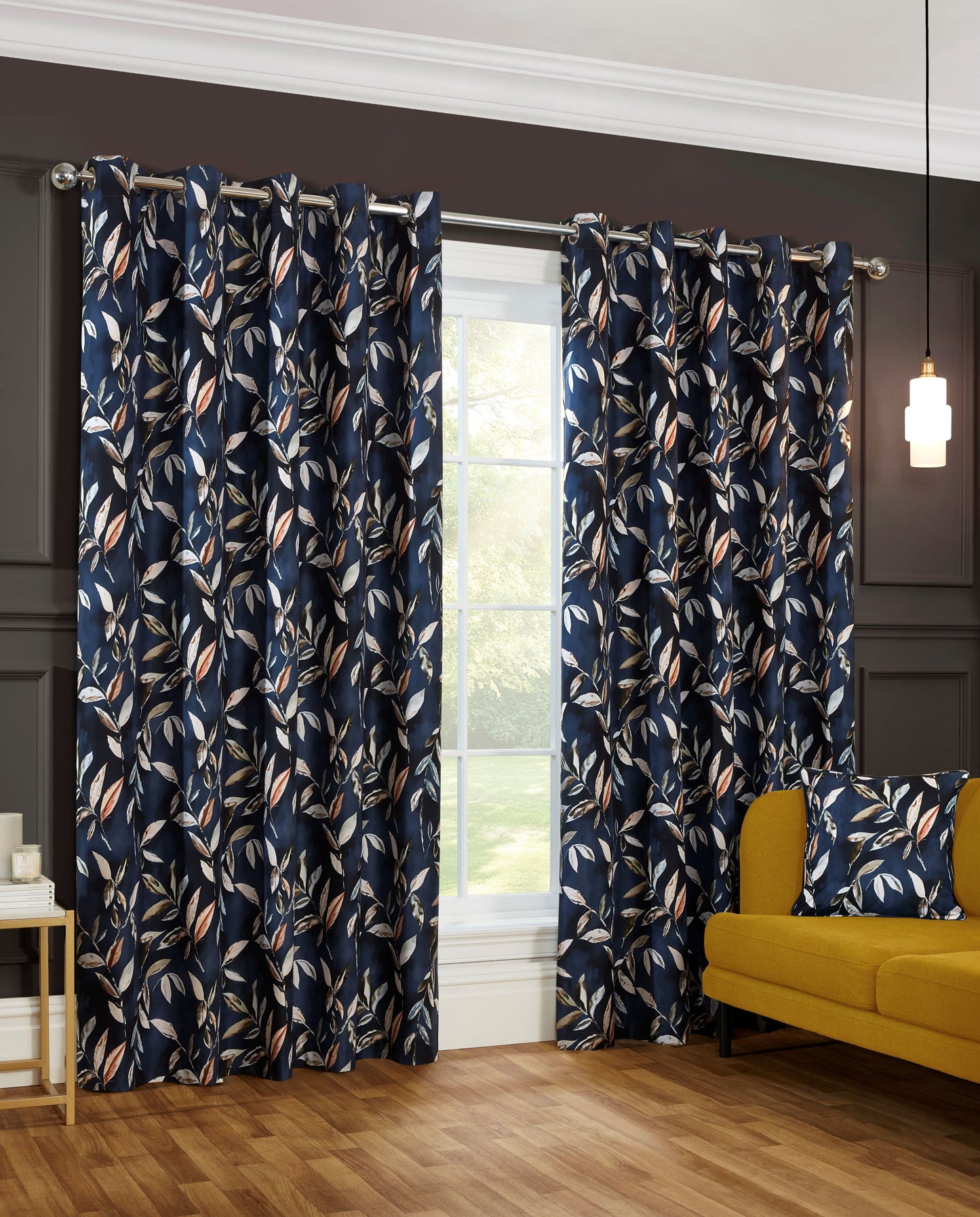 3 Pass Blackout Floral Leaf Design Curtains in Navy Blue