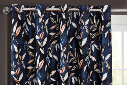 3 Pass Blackout Floral Leaf Design Curtains in Navy Blue