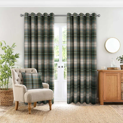 Woven Check Design Pair Eyelet Curtains in Green