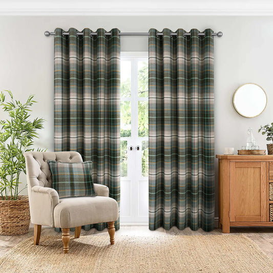 Woven Check Design Pair Eyelet Curtains in Green