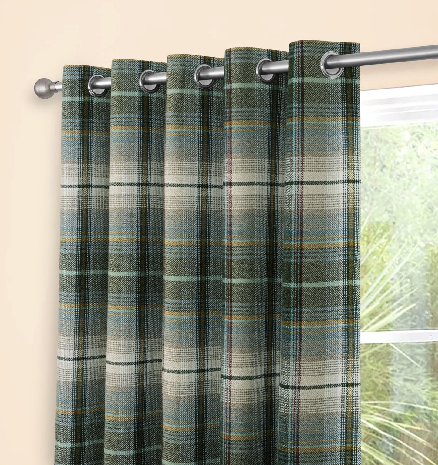 Woven Check Design Pair Eyelet Curtains in Green