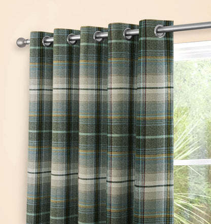 Woven Check Design Pair Eyelet Curtains in Green
