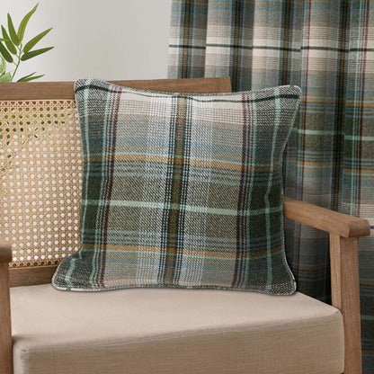 Woven Check Design Pair Eyelet Curtains in Green