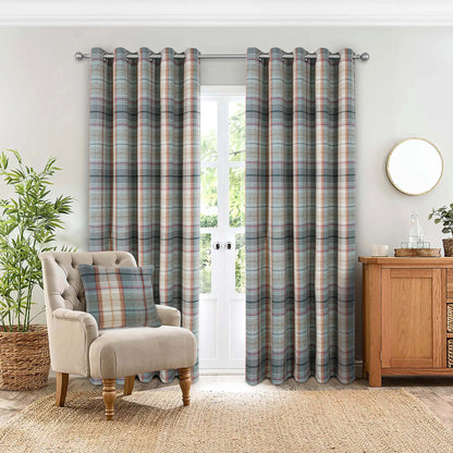 Woven Check Design Pair Eyelet Curtains in Steel Grey