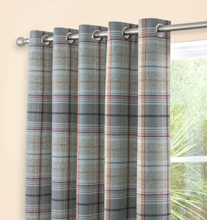 Woven Check Design Pair Eyelet Curtains in Steel Grey