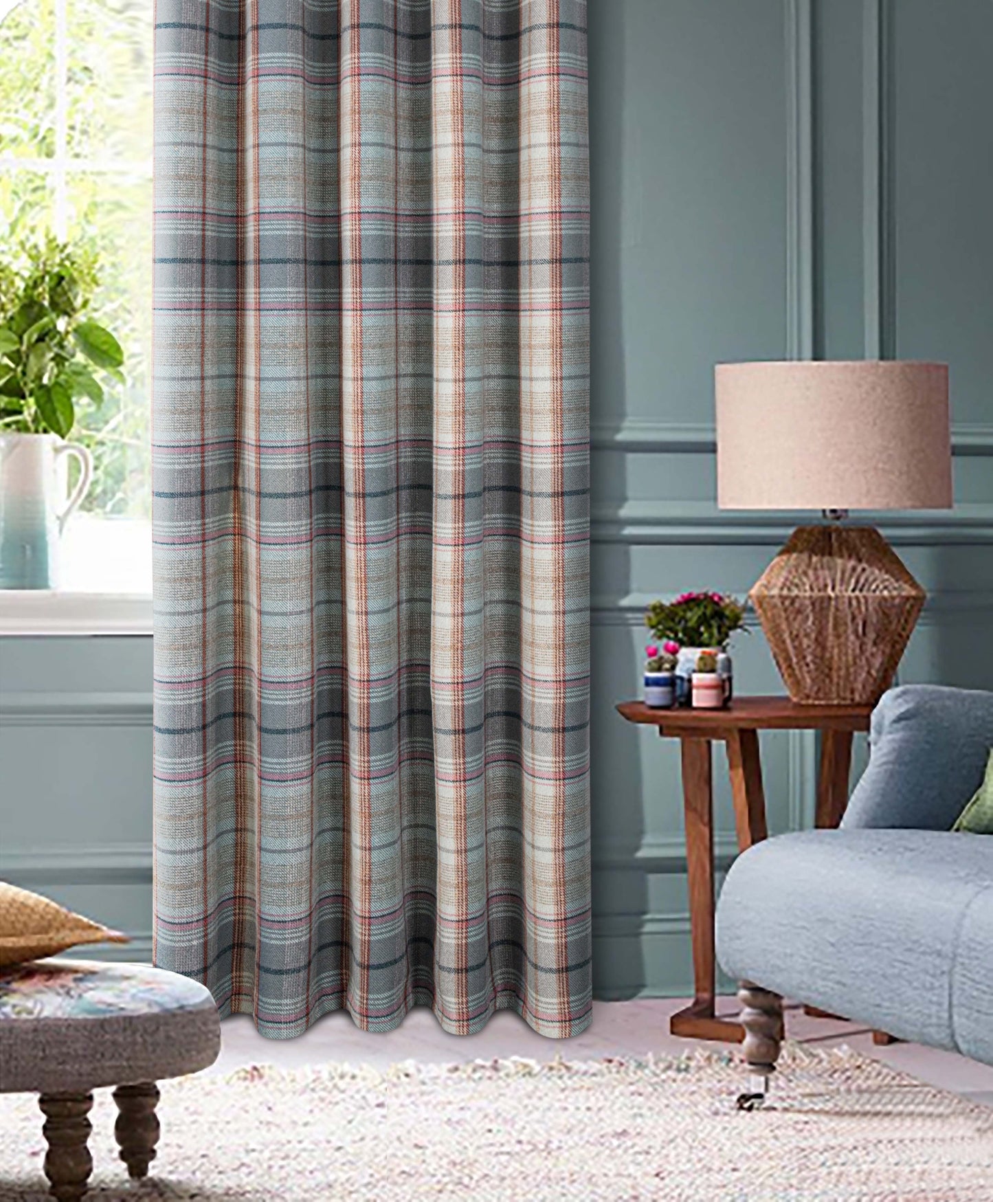 Woven Check Design Pair Eyelet Curtains in Steel Grey