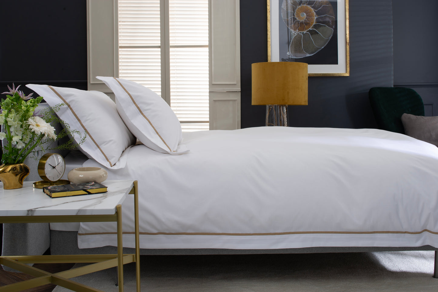100% Cotton Duvet Cover Set White with Gold Embroidery