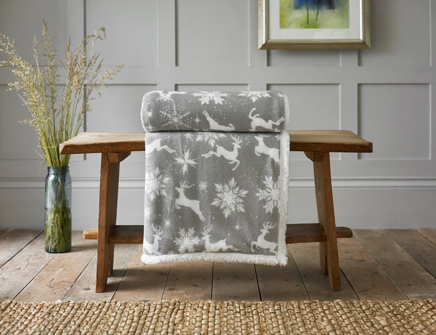 Supersoft Sherpa Reverse Leaping Reindeeer  & Snowflakes Throw in Grey