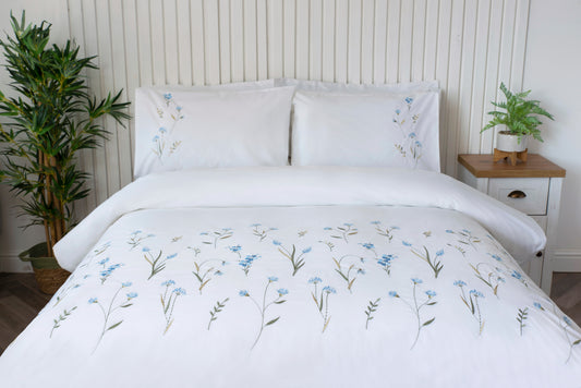 100% Cotton Embroidered Imogen Floral Duvet Cover Set Blue