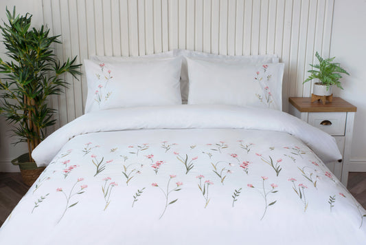 100% Cotton Embroidered Imogen Floral Duvet Cover Set Pink
