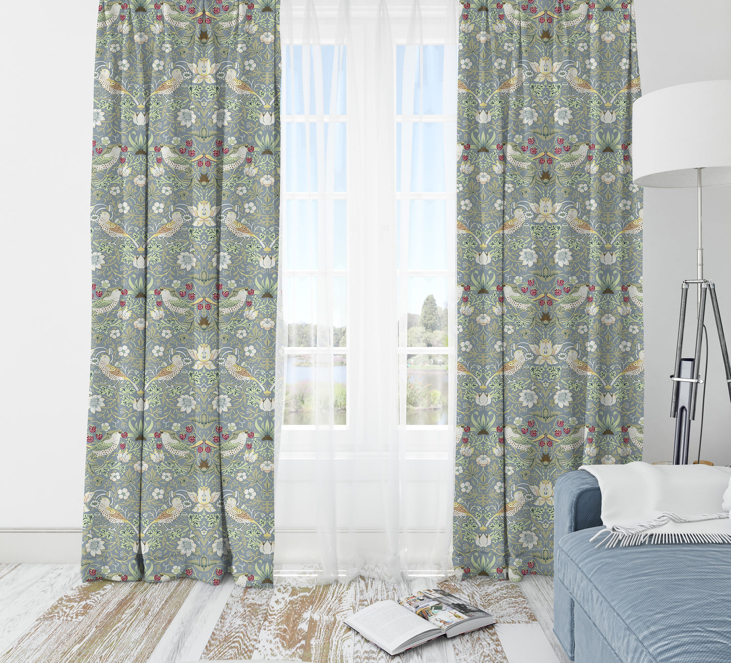 Strawberry Thief Major Pair Curtains in Blue by William Morris