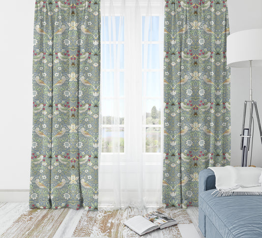 Strawberry Thief Major Pair Curtains in Blue by William Morris