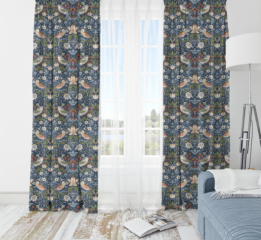 Strawberry Thief Major Pair Curtains in Navy Blue by William Morris