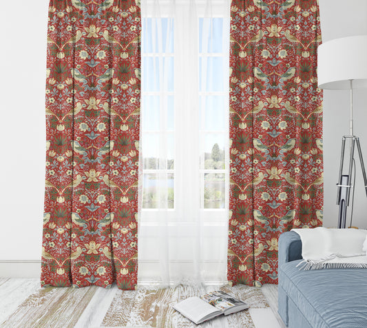 Strawberry Thief Major Pair Curtains in Red by William Morris