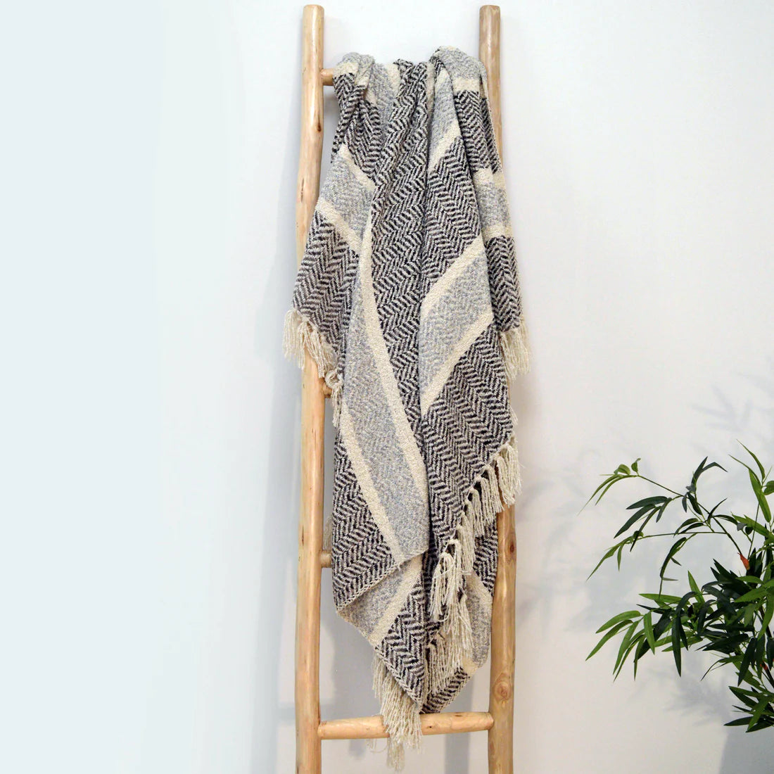 Herringbone Throw in Grey Shades with Tassles