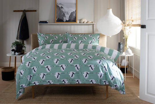 100% Cotton Sedge Crane Design Duvet Cover Set Green