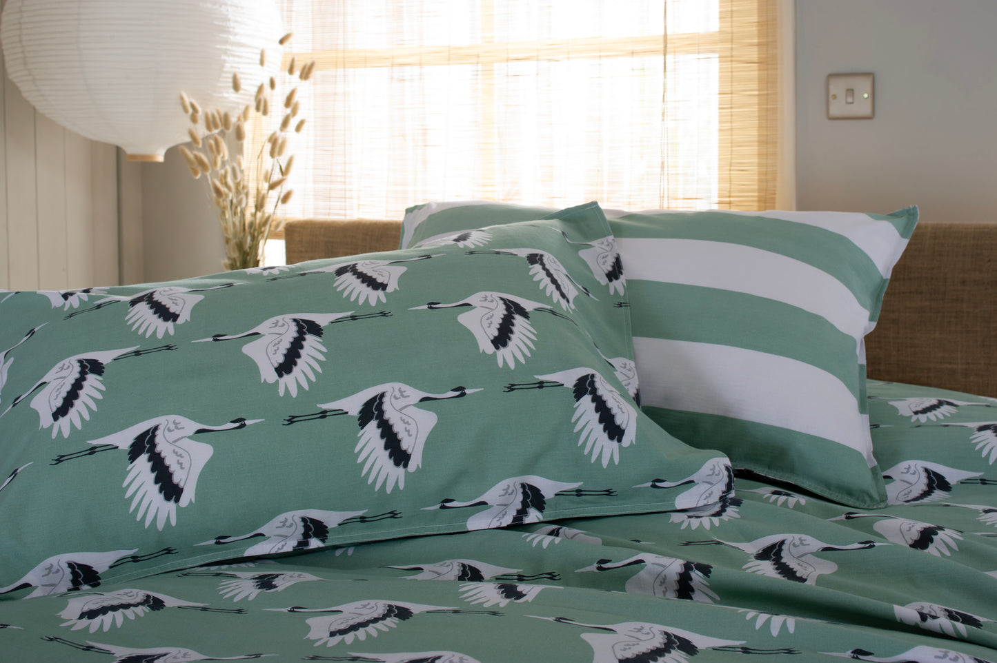 100% Cotton Sedge Crane Design Duvet Cover Set Green