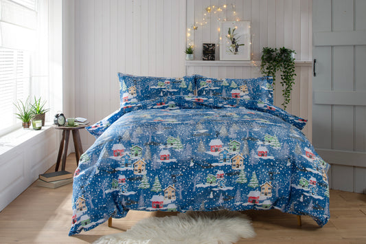 Brushed Cotton Snowy Theme Duvet Set in Blue