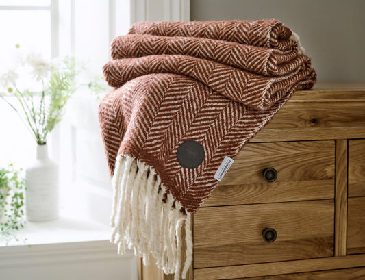 Pure Wool Chevron Fringed Blanket in Russett
