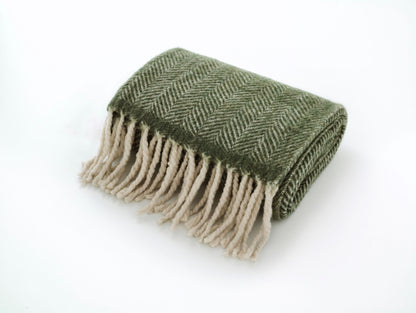 Pure Wool Chevron Fringed Blanket in Green