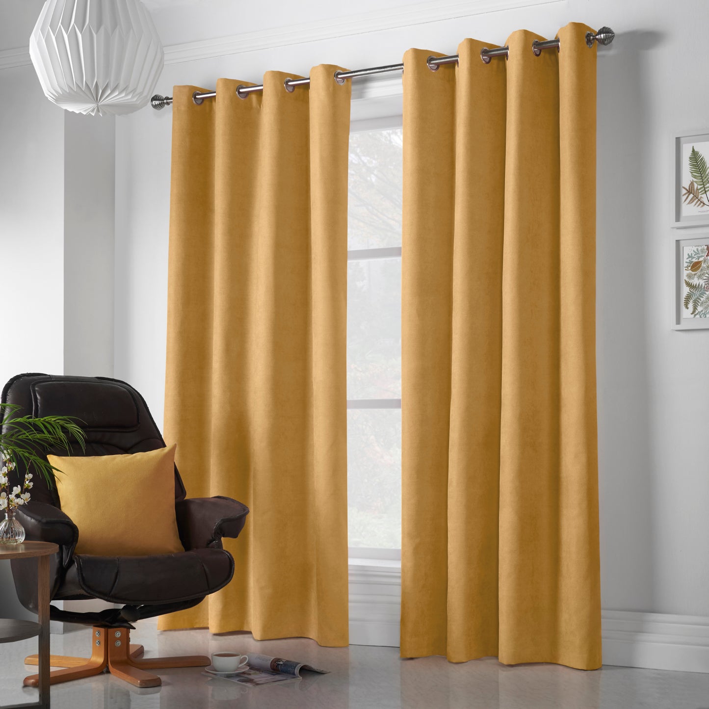 Chenille Velvet Room Darkening Curtains Eyelet in Ochre Yellow