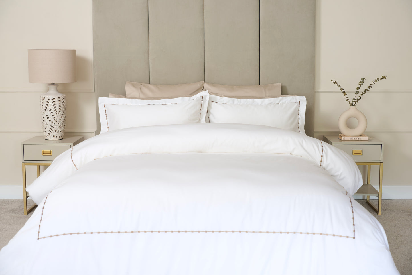100% Cotton 300 Thread Count Duvet Cover in White with Taupe Embroidery Design