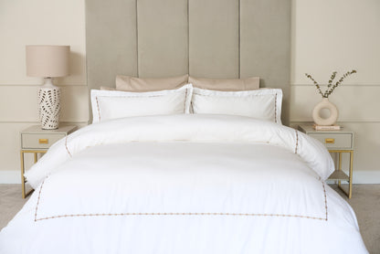 100% Cotton 300 Thread Count Duvet Cover in White with Taupe Embroidery Design