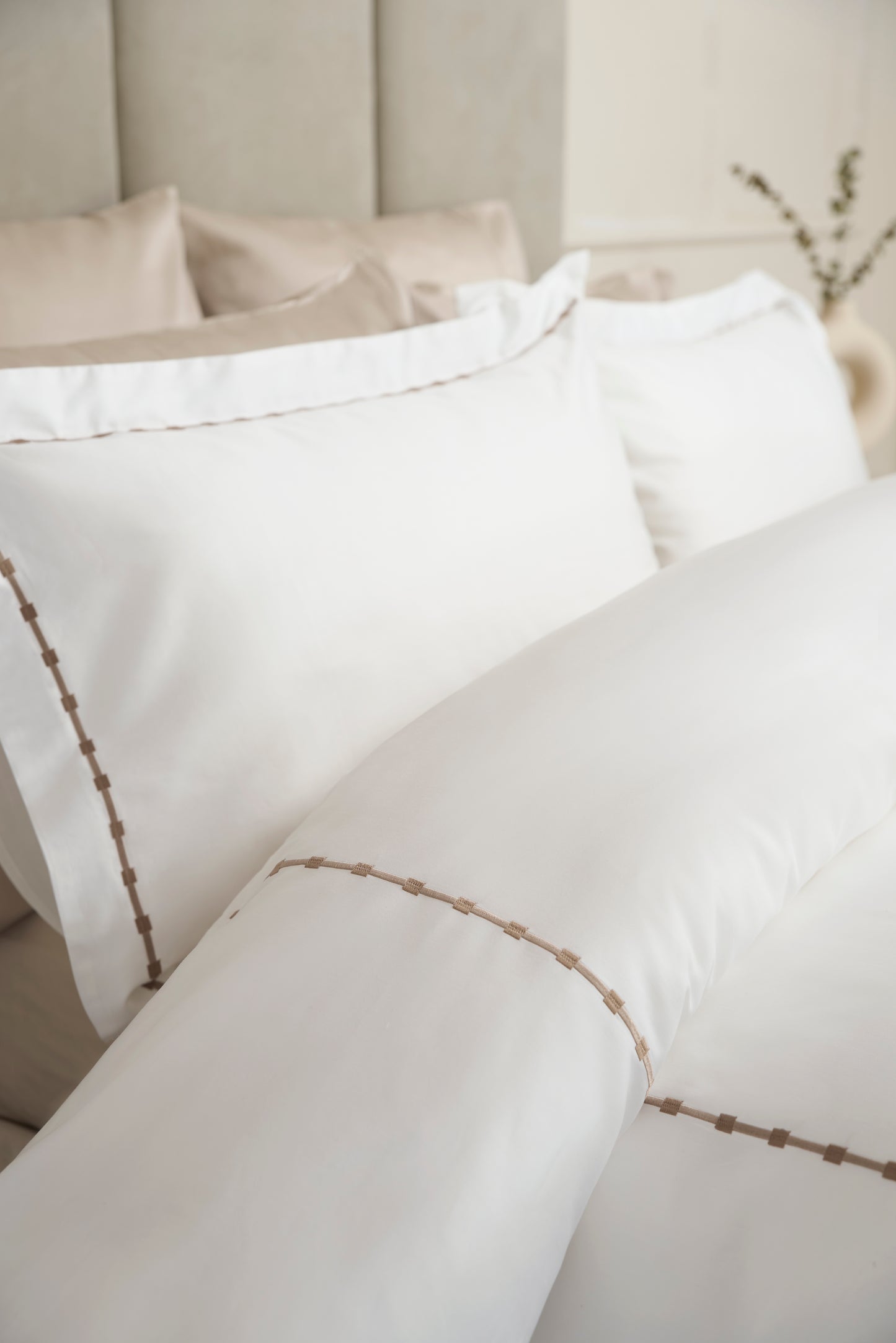100% Cotton 300 Thread Count Duvet Cover in White with Taupe Embroidery Design