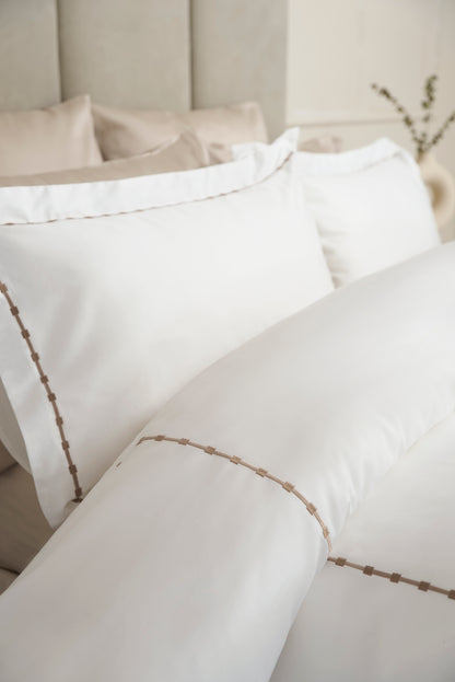 100% Cotton 300 Thread Count Duvet Cover in White with Taupe Embroidery Design
