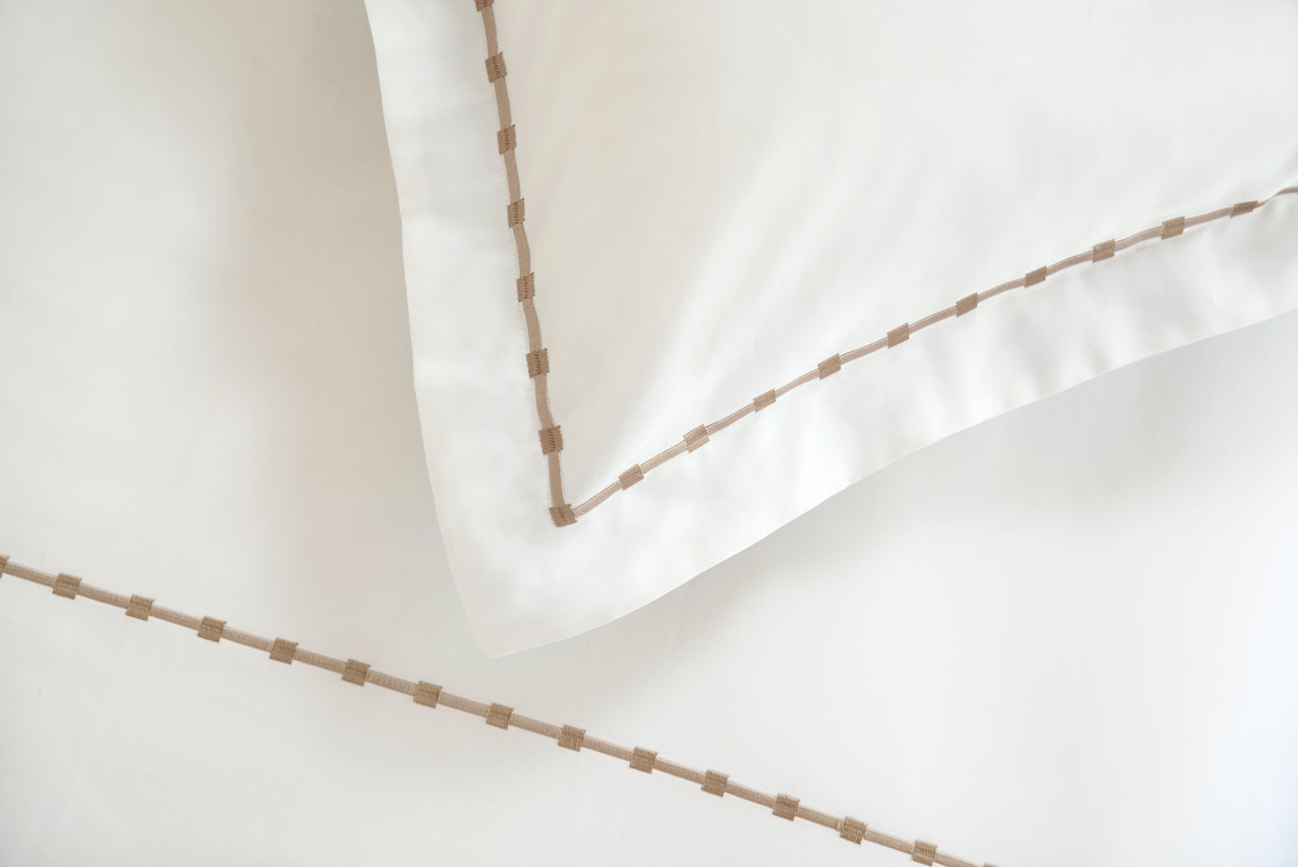 100% Cotton 300 Thread Count Duvet Cover in White with Taupe Embroidery Design