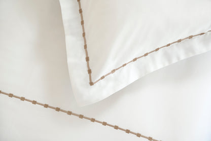 100% Cotton 300 Thread Count Duvet Cover in White with Taupe Embroidery Design