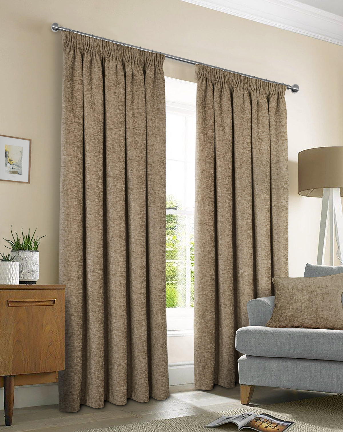 Washington Chenille Look Thermal Lined Pencil Pleat Curtains Earth Brown
