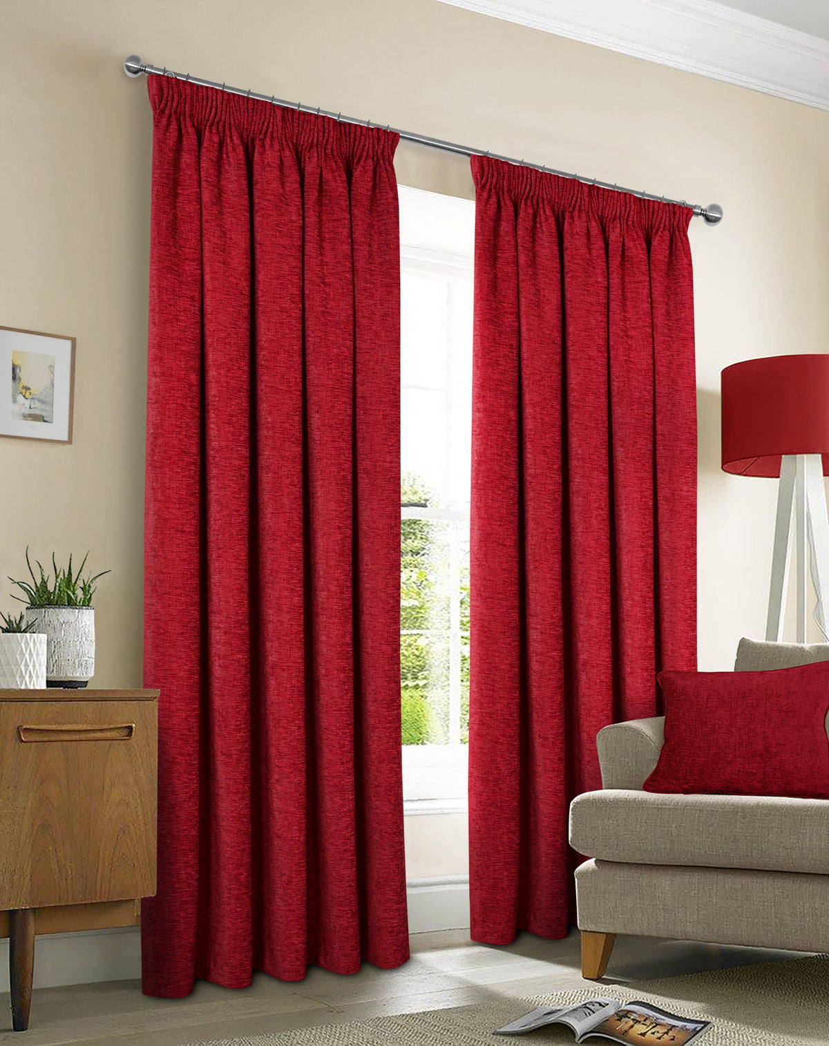 Washington Chenille Look Thermal Lined Pencil Pleat Curtains Wine
