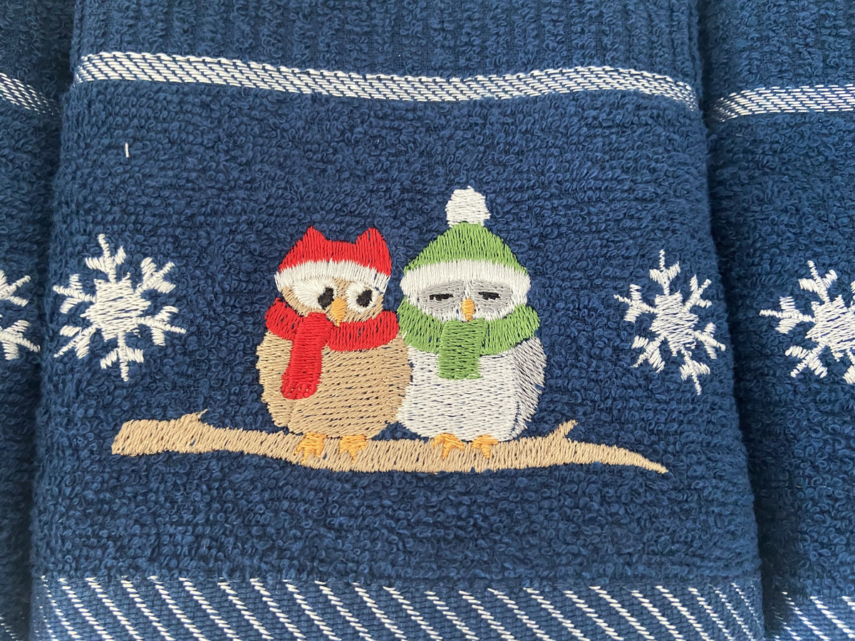 Winter Owls Kitchen Towel in Navy Blue